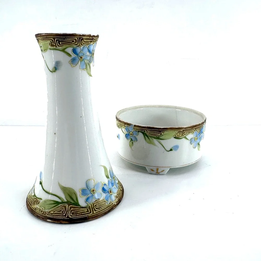 Antique Nippon Hand‎ Painted Porcelain Vase & Footed Bowl Set Blue Floral Gold
